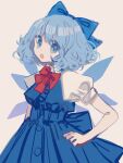  1girl :o absurdres back_bow blue_bow blue_dress blue_eyes blue_hair bow bowtie cirno collared_shirt cowboy_shot detached_wings dress hair_bow hand_on_own_hip head_tilt highres large_bow looking_at_viewer open_mouth pinafore_dress puffy_short_sleeves puffy_sleeves red_bow red_bowtie shirt shocho_(shaojiujiu) short_sleeves simple_background sleeveless sleeveless_dress solo touhou white_background white_shirt wings 