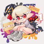  1boy black_shorts cake closed_mouth commentary_request food full_body grey_shirt inkling_(language) inkling_boy inkling_player_character logo paint pointy_ears red_eyes shirt shoes short_hair shorts signature sitting smile solo sou440pk splatoon_(series) splatoon_3 strawberry_shortcake tentacle_hair white_background white_footwear white_hair 