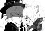  1boy 1girl after_kiss animal_ear_fluff animal_ears blush brother_and_sister cat_ears cat_girl commentary facial_mark finger_in_another&#039;s_mouth genshin_impact greyscale hat hetero highres incest long_hair looking_at_viewer lynette_(genshin_impact) lyney_(genshin_impact) monochrome nyantcha saliva saliva_trail siblings star_(symbol) star_facial_mark top_hat 
