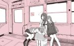  3girls ahoge alstroemeria_(idolmaster) bag blush hair_over_shoulder hand_grip hand_on_another&#039;s_head huge_ahoge idolmaster idolmaster_shiny_colors kneehighs kuwayama_chiyuki lap_pillow leaning_on_person long_braid looking_to_the_side monochrome multiple_girls osaki_amana osaki_tenka plaid plaid_skirt pleated_skirt school_uniform shirt_tucked_in shopping_bag shotan sitting skirt sleeping socks train_interior 