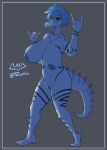 2024 5_fingers 5_toes absurd_res anthro areola artist_name baryonyx big_areola big_breasts blue_body blue_border blue_hair blue_highlights blue_scales body_tattoo border breasts claws crossgender curvy_figure devil_horns_(gesture) digital_drawing_(artwork) digital_media_(artwork) dinosaur eyelashes feet female finger_claws fingers genitals gesture goodbye_volcano_high grey_background grey_eyes hair hi_res highlights_(coloring) huge_breasts jewelry long_tail looking_at_viewer mtf_crossgender necklace nick_(gvh) nipple_piercing nipples nude piercing pussy reptile scales scalie short_hair signature simple_background smile snout solo spiked_tail spikes spikes_(anatomy) spinosaurid tail tattoo theropod theumslayer toes voluptuous wide_hips