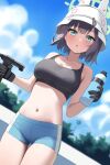  1girl absurdres ayeon_chan black_gloves black_hair blue_archive blue_shorts blush bottle breasts collarbone combat_helmet cowboy_shot gloves green_eyes green_halo gun halo helmet highres holding holding_bottle holding_gun holding_weapon large_breasts looking_at_viewer navel open_mouth saki_(blue_archive) short_hair shorts solo stahlhelm weapon white_headwear 