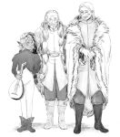  11agares 3boys beard bodysuit boots coat cropped_jacket dark-skinned_male dark_skin delgal_(dungeon_meshi) dungeon_meshi elf english_commentary facial_hair facing_viewer father_and_son freinag_(dungeon_meshi) fur-trimmed_coat fur_trim greyscale hair_behind_ear hair_slicked_back hand_on_another&#039;s_head hand_on_another&#039;s_shoulder happy headpat height_difference highres holding holding_instrument instrument knee_boots looking_to_the_side male_focus mandolin monochrome multiple_boys mustache old old_man own_hands_together pointy_ears short_hair simple_background sketch standing thistle_(dungeon_meshi) 