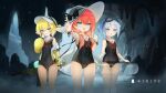  3girls ash_arms at-1_(ash_arms) blonde_hair blue_eyes blue_hair blush cafe commentary_request covered_navel goggles goggles_on_head hair_ornament hat highres long_hair medium_hair moonslanstudio multiple_girls official_alternate_costume official_art red_hair scenery school_swimsuit swimsuit t-26_(ash_arms) translation_request visor_cap water_gun wet 