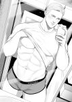  1boy abs bara bare_pectorals blush bulge captain_america closed_mouth clothes_lift greyscale holding holding_phone indoors large_pectorals male_focus male_underwear marvel monochrome muscular muscular_male mxsxe navel nipples pectorals phone shirt shirt_lift short_hair solo steve_rogers underwear 