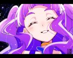  1girl aoi_tete artist_logo choker closed_eyes cure_majesty earclip ellee-chan facing_viewer highres hirogaru_sky!_precure letterboxed magical_girl open_mouth precure purple_hair smile solo two_side_up yellow_choker 