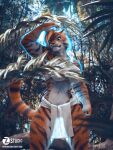 2024 3:4 3d_(artwork) 5_fingers absurd_res anthro big_breasts black_stripes blonde_hair bottomwear breasts claws clothed clothing convenient_censorship digital_media_(artwork) felid female finger_claws fingers forest fur hair hi_res humanoid_hands jewelry jungle loincloth mammal multicolored_body multicolored_fur nature necklace orange_body orange_fur outside pantherine plant signature solo striped_body striped_fur stripes text tiger topless topless_anthro topless_female tree tribal two_tone_body two_tone_fur url white_body white_fur zorryn