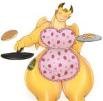 anthro apron apron_only breasts chiquita_(brand) chiquita_(colarix) clothing cookware curvy_figure dragon eyes_closed female flipping_pancake food fruit frying_pan kitchen_utensils non-mammal_breasts overweight pancake plant plate reptile scalie skwmt4 smile solo strawberry thick_thighs tools wide_hips wings yellow_body
