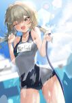  1girl :d absurdres alternate_costume ass_visible_through_thighs blurry blurry_background blush breasts brown_hair collarbone covered_navel cowboy_shot double-parted_bangs empty_pool green_eyes hair_between_eyes hands_up highres holding holding_hose honkai:_star_rail honkai_(series) hose low_twintails nail_polish name_tag old_school_swimsuit one_eye_closed photoshop_(medium) pool qingque_(honkai:_star_rail) school_swimsuit small_breasts smile solo spraying sunlight swimsuit twintails warabi_mochi_(w4rabimochi) wet 