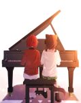  2girls ange_katrina animal_ears brown_hair dog_ears dog_girl dog_tail facing_away from_behind highres instrument inui_toko long_sleeves medium_hair multiple_girls music nijisanji piano playing_instrument red_hair red_shirt sakuraki_riichi shirt shoes short_hair short_sleeves simple_background tail virtual_youtuber white_background white_shirt 