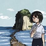  1girl black_hair black_pants blue_sky cloud collared_shirt commentary_request expressionless highres island long_hair looking_at_viewer ocean original outdoors pants shirt short_hair short_sleeves sky solo very_long_hair white_shirt yomoi_nui 