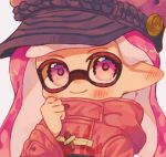  1girl closed_mouth commentary_request commission highres inkling_girl inkling_player_character jacket long_hair looking_at_viewer ochocho2828 pink_hair pointy_ears purple_eyes red_jacket simple_background smile solo splatoon_(series) tentacle_hair upper_body white_background 