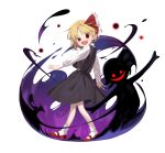  1girl absurdres black_skirt black_vest blonde_hair darkness fangs from_side full_body head_tilt highres keiki8296 long_sleeves looking_at_viewer mary_janes medium_hair open_mouth red_eyes red_footwear rumia shirt shoes skirt socks solo touhou vest walking white_shirt white_socks 