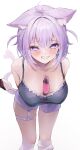  1girl absurdres animal_ears bent_over black_camisole blush breasts camisole candy cat_ears chocolate cleavage covered_nipples eyelashes food heart heart-shaped_chocolate highres hololive large_breasts medium_hair nekomata_okayu nishiro_hato purple_eyes purple_hair shorts smile solo white_shorts 
