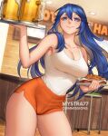  1girl alcohol alternate_costume armpit_crease artist_name bar_stool beer beer_mug blue_eyes blue_hair breasts chicken_wing collarbone commentary commission cup english_commentary fire_emblem fire_emblem_awakening holding holding_plate holding_tray hooters indoors long_hair looking_at_viewer lucina_(fire_emblem) medium_breasts mug mystra77 orange_shorts plate shirt_tucked_in short_shorts shorts solo stool tank_top thighs tray waitress white_tank_top 