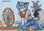  amusement_ride anthro blue_hair building_destruction bumper_cars canid canine canis cerberus_(artist) circus domestic_dog female ferris_wheel fluffy fluffy_tail hair husky hypnosis macro mammal mind_control nikita_(character) nordic_sled_dog not_big_and_not_clever spitz studded_belt 