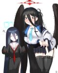  2girls ? alternate_costume aris_(blue_archive) aris_(blue_archive)_(cosplay) black_serafuku black_thighhighs blue_archive blue_necktie closed_eyes cosplay costume_switch crying garter_belt garter_straps halo hasumi_(blue_archive) hasumi_(blue_archive)_(cosplay) highres jacket long_skirt multiple_girls necktie oversized_clothes penchamu! school_uniform serafuku shirt skirt streaming_tears tears thighhighs white_background white_jacket white_shirt 