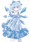  1girl absurdres alternate_costume blue_bow blue_dress blue_eyes blue_hair bow cirno closed_mouth cowboy_shot detached_wings dress floral_print_dress hair_bow highres light_smile looking_at_viewer shocho_(shaojiujiu) simple_background solo touhou white_background wings 