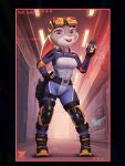 2024 3:4 anthro belt bodysuit boots breasts buckteeth butt_from_the_front clothing disney eyebrows female fingerless_gloves footwear fur gloves grey_body grey_fur gun_holster hacatiko hand_on_hip handwear hi_res judy_hopps knee_pads lagomorph leporid looking_at_viewer mammal open_mouth purple_eyes rabbit skinsuit solo standing teeth tight_clothing walkie-talkie white_body white_fur zootopia