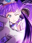  1girl aoi_tete aqua_eyes artist_logo attack blurry blurry_foreground brooch closed_mouth clothing_cutout cure_majesty depth_of_field ellee-chan foreshortening gloves highres hirogaru_sky!_precure jewelry long_hair looking_at_viewer magical_girl motion_lines one_eye_closed precure purple_hair short_sleeves shoulder_cutout solo white_gloves wing_brooch 