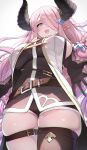  1girl black_gloves blue_eyes blush braid breasts curvy draph from_below gloves granblue_fantasy hair_ornament hair_over_one_eye highres horns kashu_(hizake) large_breasts long_hair looking_at_viewer looking_down narmaya_(granblue_fantasy) open_mouth outstretched_arms pointy_ears purple_hair sideboob skindentation smile solo thick_thighs thigh_strap thighhighs thighs very_long_hair wide_hips 
