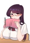  absurdres blush book bow bowtie breast_rest breasts breasts_on_table buttons chair closed_mouth desk diagonal-striped_bow diagonal-striped_bowtie diagonal-striped_clothes dress_shirt ear_blush english_commentary glasses highres holding holding_book holding_pencil komi-san_wa_komyushou_desu komi_shouko large_breasts long_hair pencil pink_bow pink_bowtie purple_bow purple_bowtie purple_eyes purple_hair school_desk semi-rimless_eyewear shirt signature sren244 striped_clothes two-tone_bowtie upper_body white_shirt 