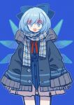  1girl alternate_costume blue_background blue_eyes blue_hair blue_scarf bow bowtie buttons cirno contemporary cowboy_shot detached_wings hair_bow long_sleeves looking_at_viewer medium_hair red_bow red_bowtie scarf shocho_(shaojiujiu) simple_background solo teeth touhou upper_teeth_only wings 