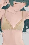  1girl bra breasts closed_eyes closed_mouth collarbone earrings green_hair grey_background highres hiroki_(yyqw7151) jewelry kusuriya_no_hitorigoto long_hair maomao_(kusuriya_no_hitorigoto) simple_background small_breasts solo underwear upper_body yellow_bra 