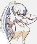  1girl aoba_(smartbeat) apron arms_behind_head arms_up bangs blue_eyes breasts fate/grand_order fate_(series) glasses large_breasts long_hair long_sleeves looking_at_viewer martha_(fate) ponytail purple_hair red_shirt shirt sketch smile solo tying_hair 