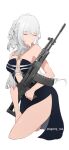  1girl agony_leer ak-12 ak-12_(girls&#039;_frontline) ak-12_(quiet_azure)_(girls&#039;_frontline) assault_rifle blue_dress breasts cleavage closed_eyes cowboy_shot cropped_legs dress girls&#039;_frontline gun halter_dress halterneck highres holding holding_gun holding_weapon kalashnikov_rifle long_hair official_alternate_costume rifle smile solo weapon white_background white_hair 