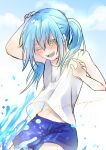  1other bare_shoulders blue_hair blush hair_between_eyes humanization nukogami_(minniecatlove21) rimuru_tempest simple_background smile splashing tensei_shitara_slime_datta_ken yellow_eyes 