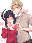  1boy 1girl bangs bare_shoulders black_hair blonde_hair blue_eyes blush breasts collarbone collared_shirt dress earrings grey_sweater hairband hand_up heart heart_background heart_hands heart_hands_duo hetero jewelry long_hair long_sleeves looking_at_viewer murasakio nervous off-shoulder_dress off-shoulder_sweater off_shoulder parted_bangs red_dress red_eyes red_sweater shirt short_hair sidelocks smile spy_x_family sweat sweater sweater_dress twilight_(spy_x_family) updo upper_body white_background white_shirt yor_briar 