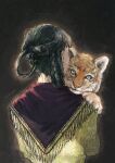  1girl animal animal_on_shoulder ayana_(tannsann) black_hair braided_hair_rings chinese_zodiac facing_away fringe_trim from_behind grey_background hair_bun hair_rings highres long_sleeves original shawl shirt tiger tiger_cub updo upper_body year_of_the_tiger yellow_shirt 