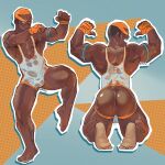  1boy abs anus ass back_muscles bara bare_pectorals biceps bulge buzz_cut dark-skinned_male dark_skin double_biceps_pose erection erection_under_clothes feet fighting_stance flexing from_behind full_body highres huge_eyebrows leg_up light-skinned_soles male_focus marshal_(pokemon) multicolored_hair multiple_views muscular muscular_male nipples nsfcyr open_mouth pectorals pokemon pokemon_bw presenting_ass see-through short_hair singlet soles sweat thick_thighs thighs two-tone_hair very_short_hair very_sweaty wet wet_clothes 