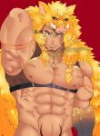  1boy abs absurdres animal_hood artist_request bara bare_pectorals boar_boy boar_hood body_fur brown_hair chest_harness facial_hair fang forked_eyebrows fur_(clothing) goatee groin gullinbursti_(housamo) harness highres hood large_pectorals looking_at_viewer male_focus muscular muscular_male navel nipples pectorals solo stomach thick_eyebrows tokyo_afterschool_summoners upper_body veins veiny_arms 