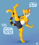 absurd_res anthro balls blush boxers_(clothing) bulge butt challenge clothing dialogue domestic_cat felid feline felis genitals hi_res katxfish katxlogan legs_up male mammal nipples pawpads paws shaking shaking_legs shy solo speech_bubble tail text tight_underwear underwear