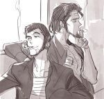  2boys adam&#039;s_apple arm_hair arsene_lupin_iii bandaged_chest bandaid bandaid_on_face beard chest_hair collarbone facial_hair gauze halorane highres jacket jigen_daisuke knuckle_hair long_sideburns looking_to_the_side lupin_iii male_focus monochrome multiple_boys open_clothes open_jacket short_hair sideburns sitting sketch smoke_trail smoking 