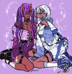  2girls check_copyright colored_skin copyright_request demon_girl earrings eyepatch green_eyes hair_around_ear highres horns jewelry long_hair looking_at_viewer multiple_girls neck_ribbon original purple_background purple_eyes purple_hair purple_skirt red_skin ribbon skirt tag twintails twuky white_hair 