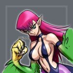  1girl bare_shoulders breasts claws cleavage duel_monster feathered_wings feathers green_eyes green_feathers green_wings grey_background hair_between_eyes harpie_lady harpy long_hair looking_at_viewer medium_breasts monster_girl navel pink_hair pointy_ears rindou_akira solo winged_arms wings yu-gi-oh! 