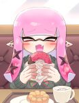  1girl amakusa_setoka closed_eyes commentary_request cup doughnut eyelashes fang food gradient_hair heart highres holding holding_food inkling_girl inkling_player_character long_hair multicolored_hair open_mouth pink_eyes pointy_ears sitting solo splatoon_(series) tentacle_hair 