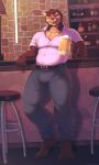 alcohol anthro bar bar_stool bear beer belt beverage bottle bottomwear brown_bear bulge claws clothing container eyebrows furniture grizzly_bear hi_res kimmarionsa leaning_on_counter looking_at_viewer male mammal neck_tuft pants rager-ermare shirt solo stool toe_claws topwear trini_(coldleafsoup) tuft ursine