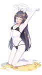  1girl absurdres animal_ears black_hair blue_archive bodysuit breasts closed_eyes fake_animal_ears full_body halo highres kneeling leaf leaf_on_head long_hair miyu_(blue_archive) open_mouth rabbit_ears small_breasts stretching swimsuit very_long_hair white_bodysuit xiaoxi0619 