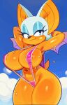  2022 anthro areola areola_slip big_breasts bikini blue_eyes bodily_fluids breasts chiropteran clothing eyeshadow female hands_behind_head looking_aside makeup mammal membrane_(anatomy) membranous_wings navel nipple_outline outside rouge_the_bat sega sling_bikini smile solo sonic_the_hedgehog_(series) sweat swimwear thick_thighs wamudraws wide_hips wings 