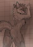 absurd_res anthro anus azoomer bathing bite biting_lip blush bodily_fluids breasts butt canid canine digital_media_(artwork) female fur genital_fluids genitals hair hi_res looking_at_viewer mammal nipples nude pussy shower showering smile solo standing steam tail water wet