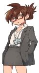  1girl absurdres brown_eyes brown_hair commentary_request cowboy_shot flat_chest folded_ponytail fujita_(umeeda_fuji) glasses hands_in_pockets highres lanyard miniskirt office_lady original pencil_skirt red-framed_eyewear shirt skirt solo translation_request white_shirt 