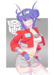  1girl absurdres autobot blue_eyes blue_gloves blue_hair breasts cropped_jacket double_bun english_commentary eyewear_on_head fingerless_gloves genderswap genderswap_(mtf) gloves grey_shorts gus_(emmarrgus) hair_bun highres humanization jacket jewelry kotobukiya_bishoujo matrix_of_leadership medium_breasts necklace optimus_prime optimus_prime_(kotobukiya_bishoujo) red_jacket shorts solo thighhighs transformers v-shaped_eyebrows white_thighhighs 