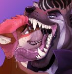 absurd_res anthro anthro_on_anthro blue_eyes blush bodily_fluids brown_body brown_fur brown_nose canid clothed clothing duo ears_back english_text fangs fur grin hair hi_res imperatorcaesar licking licking_another male male/male mammal narrowed_eyes open_mouth pink_tongue pivoted_ears purple_background purple_clothing purple_topwear red_hair saliva saliva_on_face saliva_string simple_background smile sweat sweaty_face tan_body tan_fur teeth text tongue tongue_out topwear white_body white_fur