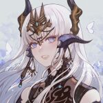  1girl absurdres au_ra avatar_(ff14) bangs black_shirt bug butterfly commentary final_fantasy final_fantasy_xiv highres horns huizhoumao long_hair looking_at_viewer parted_lips purple_eyes sample_watermark shirt solo upper_body white_butterfly white_hair 