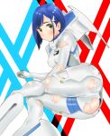  1girl ass asymmetrical_hair blue_background blue_hair blush bob_cut bodysuit breasts commentary curled_fingers darling_in_the_franxx feet_out_of_frame green_eyes hair_ornament hairclip highres hood hood_down ichigo_(darling_in_the_franxx) impossible_bodysuit impossible_clothes kwzp2522 light_frown looking_at_viewer looking_back lying medium_breasts on_side pilot_suit red_background short_hair skin_tight solo swept_bangs torn_bodysuit torn_clothes twisted_torso white_background white_bodysuit worried 