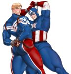  2boys ass back bara blonde_hair blue_bodysuit blush bodysuit bound bound_wrists brown_gloves captain_america captain_america_(series) clenched_teeth dual_persona fingerless_gloves gloves highres large_pectorals looking_at_viewer male_focus marvel multicolored_bodysuit multicolored_clothes multiple_boys muscular muscular_male mxsxe pectorals red_bodysuit red_gloves restrained short_hair simple_background steve_rogers teeth thick_thighs thighs white_background white_bodysuit 